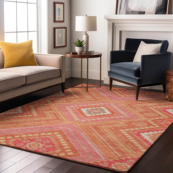 HomeRoots 5' X 8' Coral Pink Tribal Area Rug - Washable, UV-Protected, Stain-Resistant Design for Homes 679272