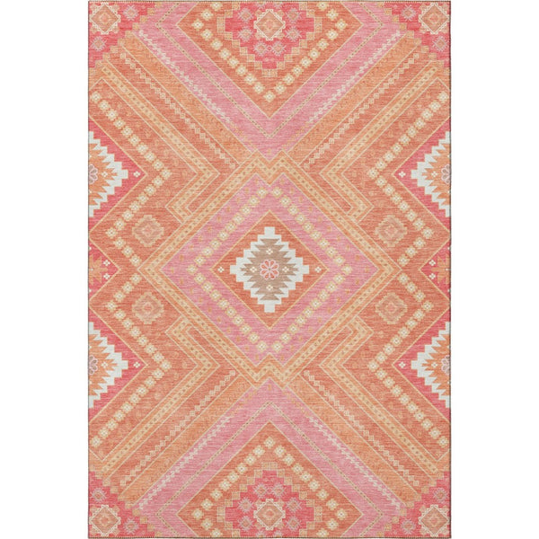 HomeRoots 5' X 8' Coral Pink Tribal Area Rug - Washable, UV-Protected, Stain-Resistant Design for Homes 679272