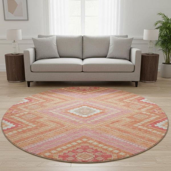 HomeRoots 8' Coral Pink and Ivory Tribal Round Rug – Washable, UV-Protected, Stain-Resistant for Busy Homes! 679273