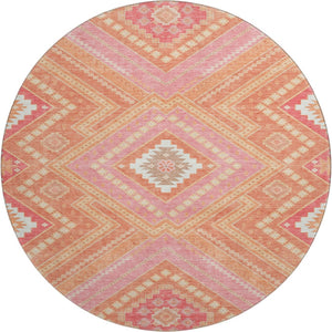 HomeRoots 8' Coral Pink and Ivory Tribal Round Rug – Washable, UV-Protected, Stain-Resistant for Busy Homes! 679273