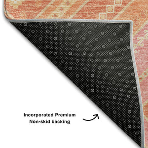 HomeRoots 8' Coral Pink and Ivory Tribal Round Rug – Washable, UV-Protected, Stain-Resistant for Busy Homes! 679273