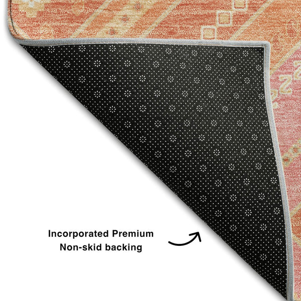 HomeRoots 8' Coral Pink and Ivory Tribal Round Rug – Washable, UV-Protected, Stain-Resistant for Busy Homes! 679273