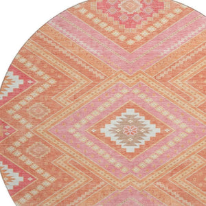 HomeRoots 8' Coral Pink and Ivory Tribal Round Rug – Washable, UV-Protected, Stain-Resistant for Busy Homes! 679273