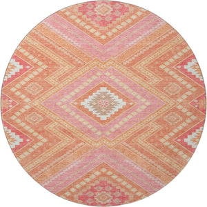 HomeRoots 8' Coral Pink and Ivory Tribal Round Rug – Washable, UV-Protected, Stain-Resistant for Busy Homes! 679273