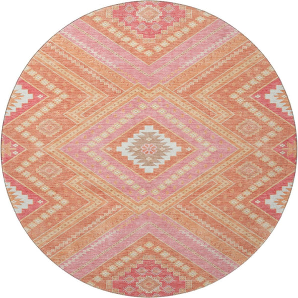 HomeRoots 8' Coral Pink and Ivory Tribal Round Rug – Washable, UV-Protected, Stain-Resistant for Busy Homes! 679273