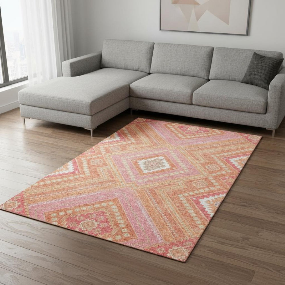 HomeRoots 8' X 10' Coral Pink Tribal Area Rug - Washable, UV-Protected, Stain-Resistant for Busy Homes 679274