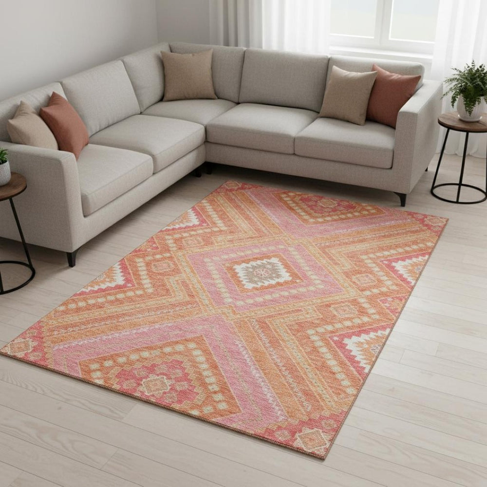 HomeRoots 10' X 14' Coral Pink Tribal Area Rug – Durable, Washable, UV Protected for Modern Living Spaces! 679276