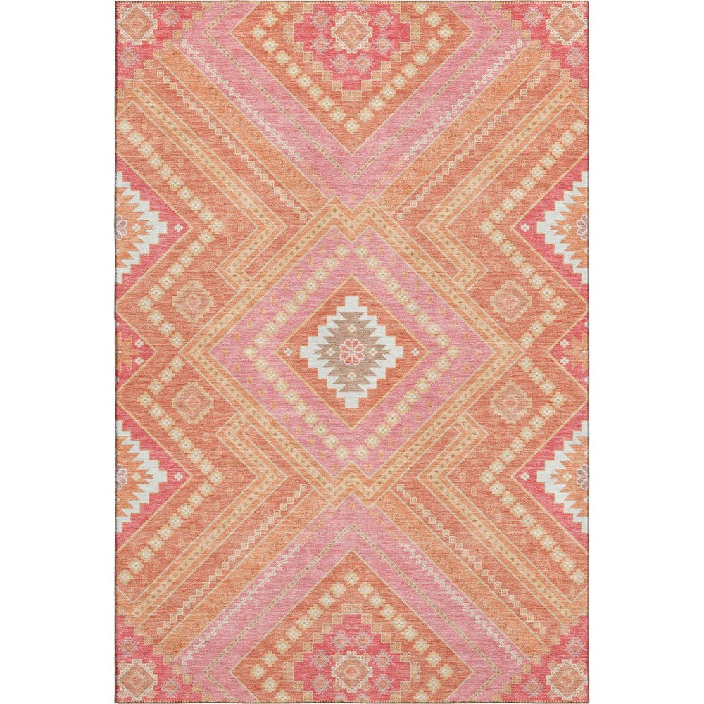 HomeRoots 10' X 14' Coral Pink Tribal Area Rug – Durable, Washable, UV Protected for Modern Living Spaces! 679276