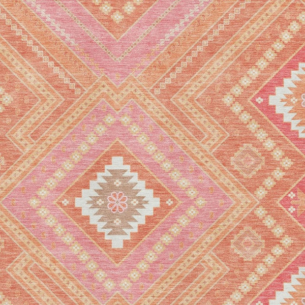 HomeRoots 10' X 14' Coral Pink Tribal Area Rug – Durable, Washable, UV Protected for Modern Living Spaces! 679276