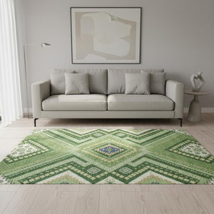 HomeRoots 5' X 8' Tribal Washable Area Rug in Green, Navy Blue & Ivory - Durable, Stain-Resistant & UV Protected! 679278