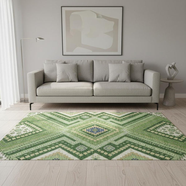 HomeRoots 5' X 8' Tribal Washable Area Rug in Green, Navy Blue & Ivory - Durable, Stain-Resistant & UV Protected! 679278