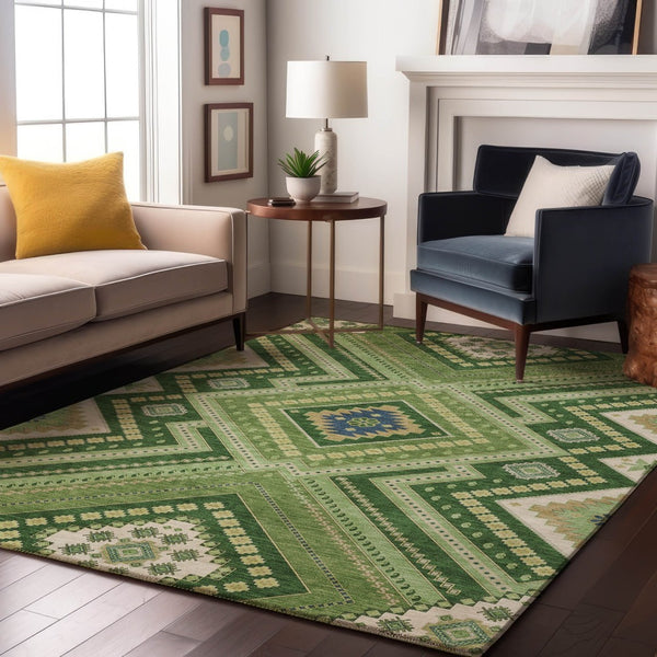 HomeRoots 5' X 8' Tribal Washable Area Rug in Green, Navy Blue & Ivory - Durable, Stain-Resistant & UV Protected! 679278