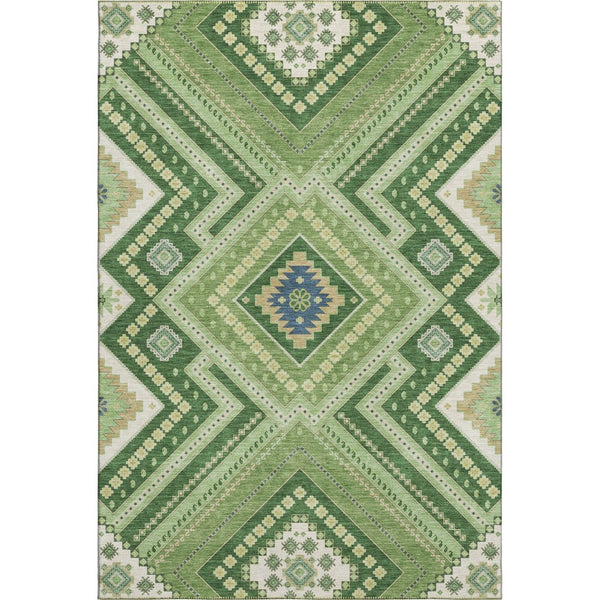 HomeRoots 5' X 8' Tribal Washable Area Rug in Green, Navy Blue & Ivory - Durable, Stain-Resistant & UV Protected! 679278
