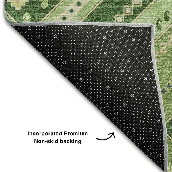 HomeRoots 5' X 8' Tribal Washable Area Rug in Green, Navy Blue & Ivory - Durable, Stain-Resistant & UV Protected! 679278