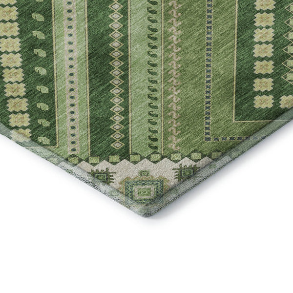 HomeRoots 5' X 8' Tribal Washable Area Rug in Green, Navy Blue & Ivory - Durable, Stain-Resistant & UV Protected! 679278