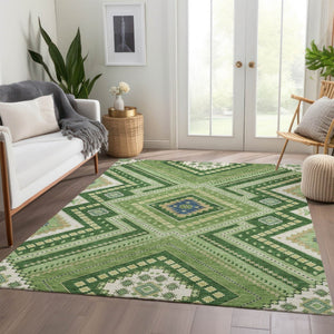 HomeRoots 5' X 8' Tribal Washable Area Rug in Green, Navy Blue & Ivory - Durable, Stain-Resistant & UV Protected! 679278