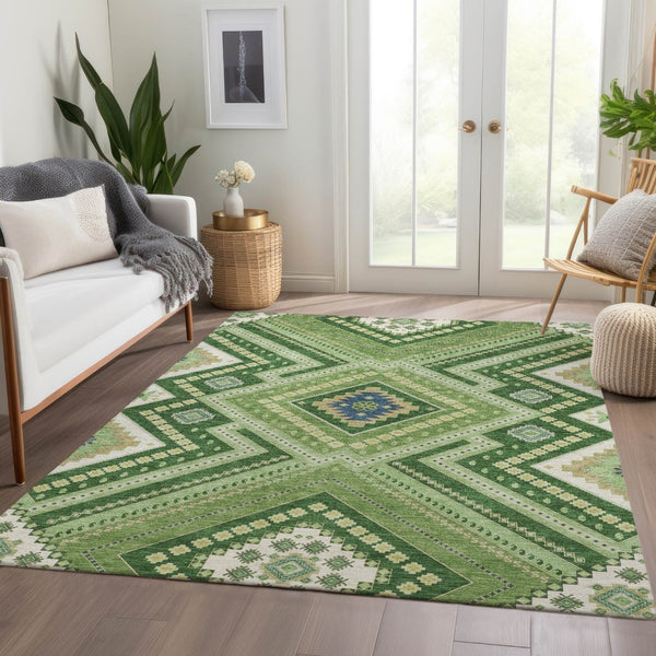 HomeRoots 5' X 8' Tribal Washable Area Rug in Green, Navy Blue & Ivory - Durable, Stain-Resistant & UV Protected! 679278