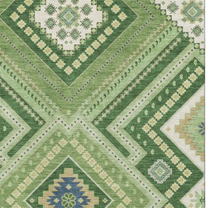 HomeRoots 5' X 8' Tribal Washable Area Rug in Green, Navy Blue & Ivory - Durable, Stain-Resistant & UV Protected! 679278