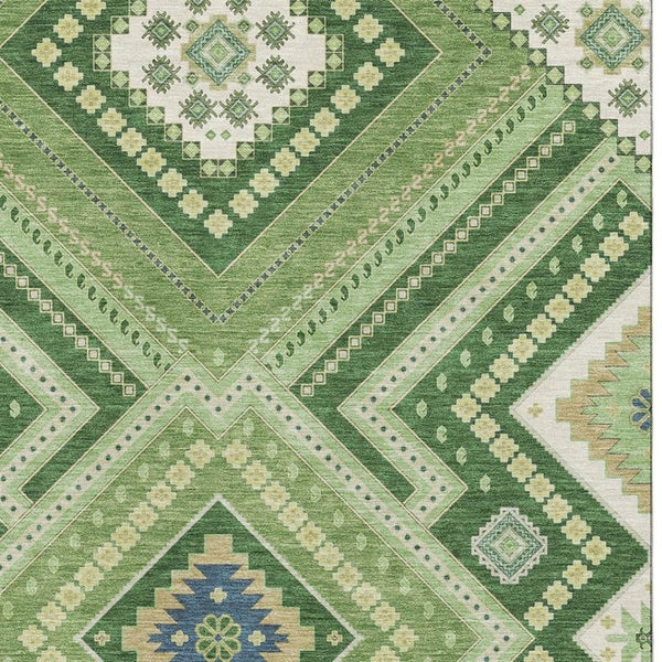 HomeRoots 5' X 8' Tribal Washable Area Rug in Green, Navy Blue & Ivory - Durable, Stain-Resistant & UV Protected! 679278