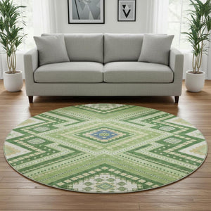HomeRoots 8' Stylish Green Navy Blue Ivory Tribal Washable Round Rug with UV Protection for Family Spaces 679279