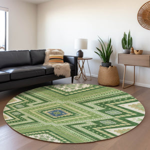 HomeRoots 8' Stylish Green Navy Blue Ivory Tribal Washable Round Rug with UV Protection for Family Spaces 679279