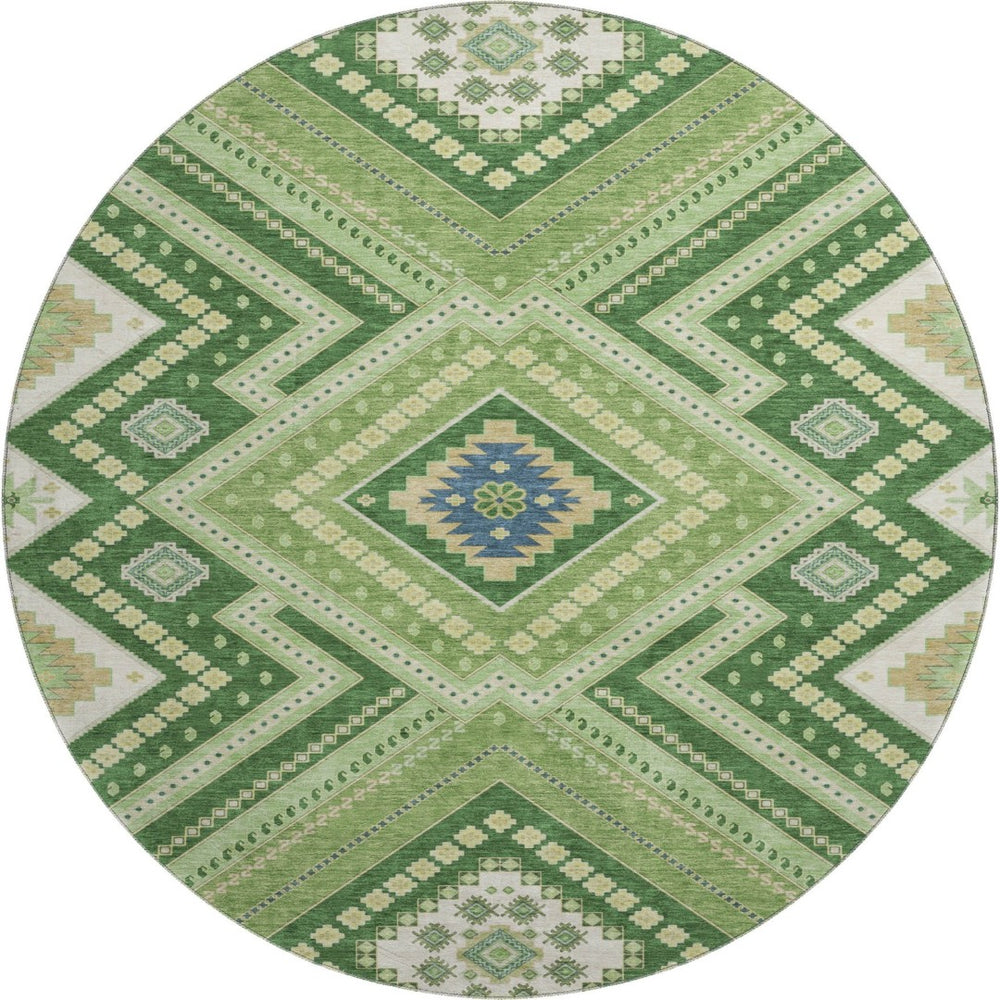HomeRoots 8' Stylish Green Navy Blue Ivory Tribal Washable Round Rug with UV Protection for Family Spaces 679279