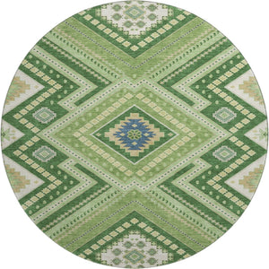 HomeRoots 8' Stylish Green Navy Blue Ivory Tribal Washable Round Rug with UV Protection for Family Spaces 679279