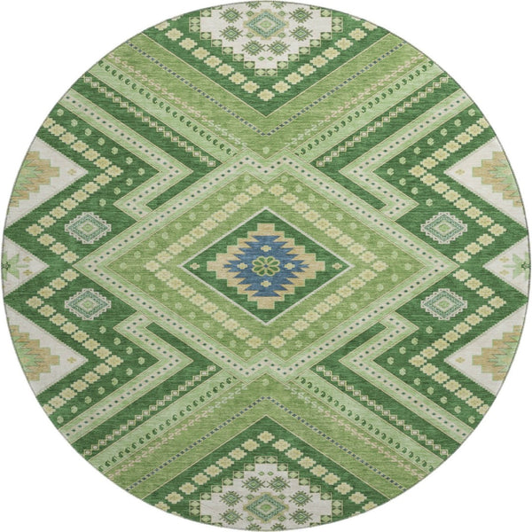 HomeRoots 8' Stylish Green Navy Blue Ivory Tribal Washable Round Rug with UV Protection for Family Spaces 679279