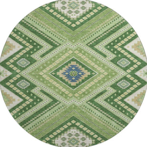 HomeRoots 8' Stylish Green Navy Blue Ivory Tribal Washable Round Rug with UV Protection for Family Spaces 679279