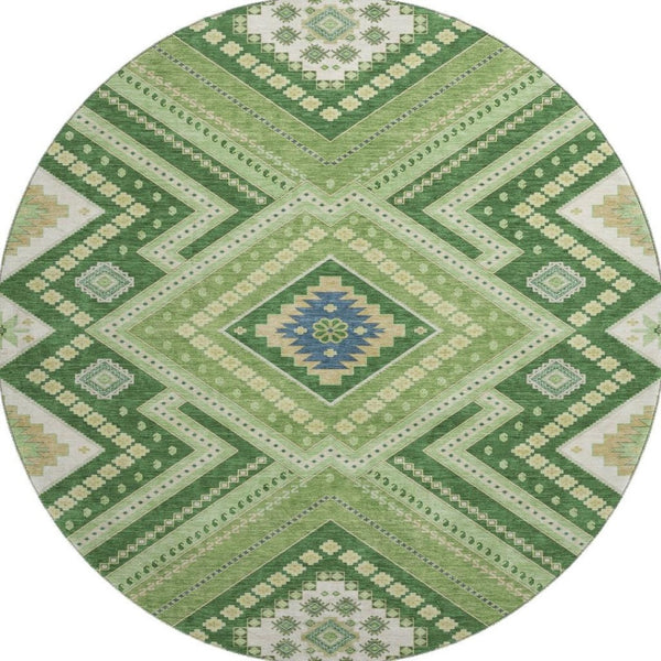 HomeRoots 8' Stylish Green Navy Blue Ivory Tribal Washable Round Rug with UV Protection for Family Spaces 679279
