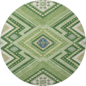 HomeRoots 8' Stylish Green Navy Blue Ivory Tribal Washable Round Rug with UV Protection for Family Spaces 679279
