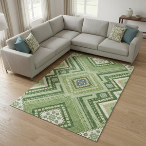 HomeRoots 8' X 10' Tribal Washable Area Rug in Green, Navy Blue & Ivory – UV Protected, Durable & Stylish! 679280