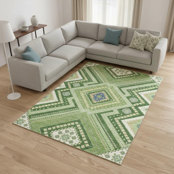 HomeRoots 9' X 12' Tribal Washable Area Rug in Green, Navy Blue & Ivory - UV Protected, Stain Resistant Design! 679281