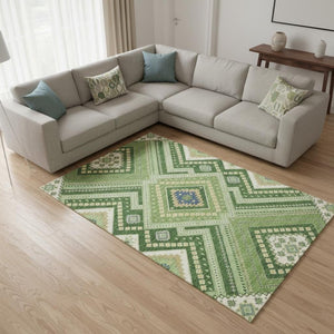 HomeRoots 10' X 14' Tribal Washable Area Rug in Green, Navy Blue & Ivory – UV Protected, Pet-Friendly Design 679282