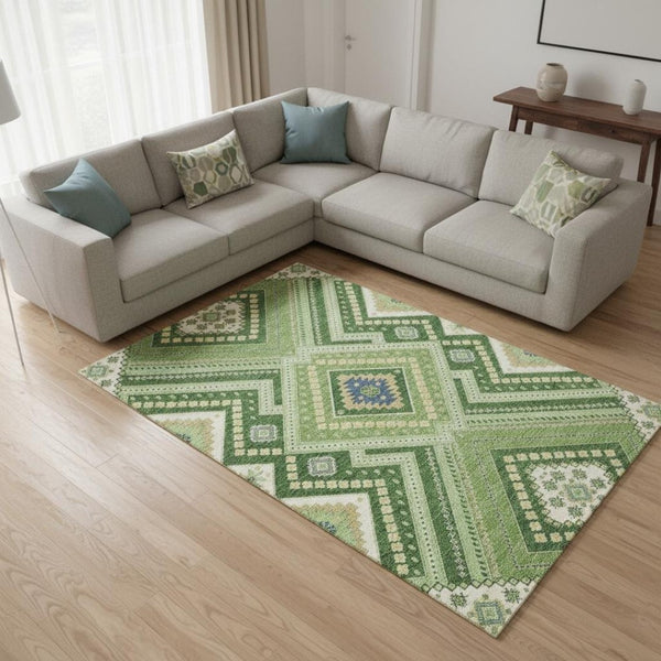 HomeRoots 10' X 14' Tribal Washable Area Rug in Green, Navy Blue & Ivory – UV Protected, Pet-Friendly Design 679282