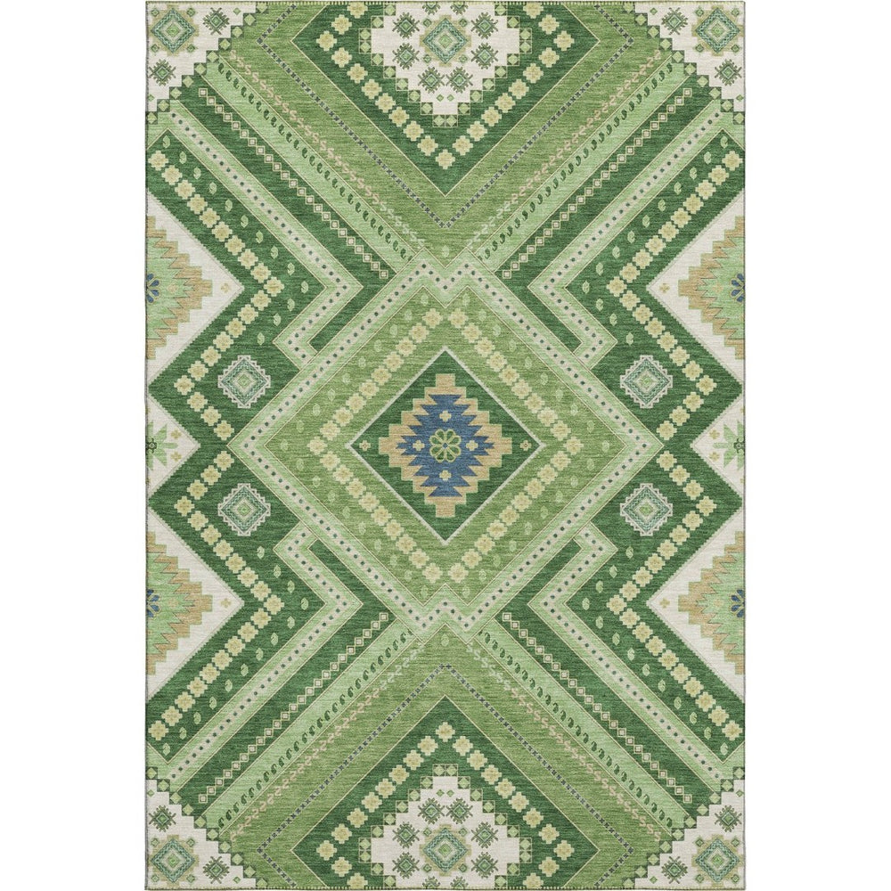 HomeRoots 10' X 14' Tribal Washable Area Rug in Green, Navy Blue & Ivory – UV Protected, Pet-Friendly Design 679282