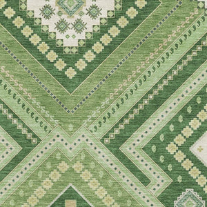 HomeRoots 10' X 14' Tribal Washable Area Rug in Green, Navy Blue & Ivory – UV Protected, Pet-Friendly Design 679282