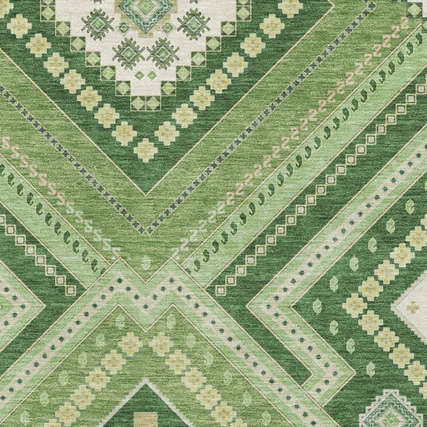 HomeRoots 10' X 14' Tribal Washable Area Rug in Green, Navy Blue & Ivory – UV Protected, Pet-Friendly Design 679282