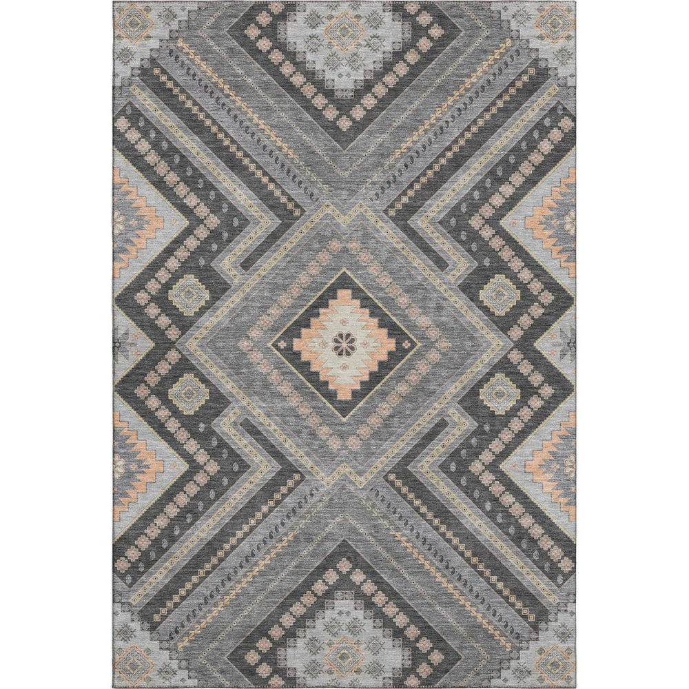 HomeRoots 5' X 8' Gray Peach Silver Tribal Area Rug - Washable, UV Protected, Stain Resistant, Soft Comfort 679284
