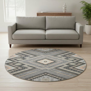 HomeRoots 8' Gray Peach and Silver Tribal Washable Round Rug – Durable, Stylish, UV-Protected for Your Home! 679285