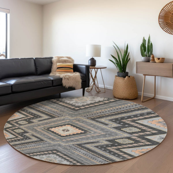 HomeRoots 8' Gray Peach and Silver Tribal Washable Round Rug – Durable, Stylish, UV-Protected for Your Home! 679285