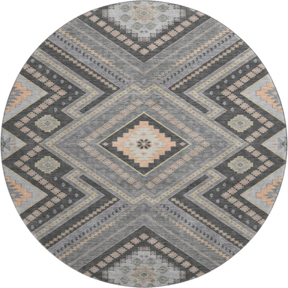 HomeRoots 8' Gray Peach and Silver Tribal Washable Round Rug – Durable, Stylish, UV-Protected for Your Home! 679285