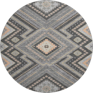 HomeRoots 8' Gray Peach and Silver Tribal Washable Round Rug – Durable, Stylish, UV-Protected for Your Home! 679285