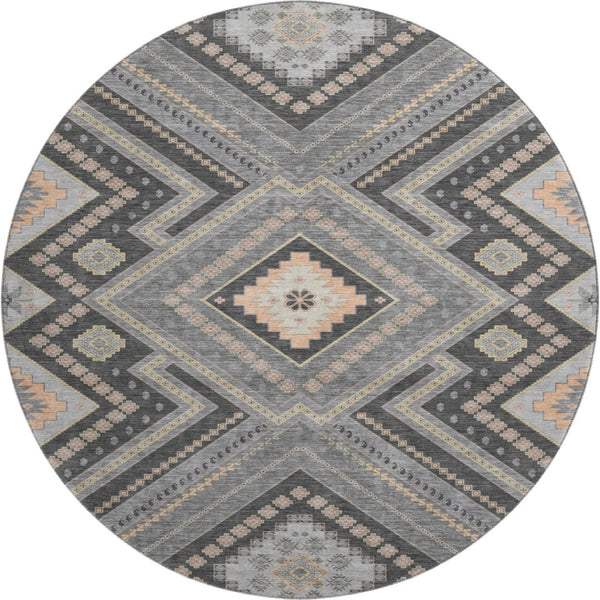 HomeRoots 8' Gray Peach and Silver Tribal Washable Round Rug – Durable, Stylish, UV-Protected for Your Home! 679285