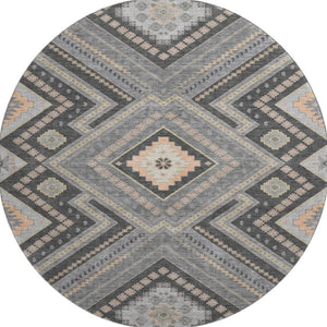 HomeRoots 8' Gray Peach and Silver Tribal Washable Round Rug – Durable, Stylish, UV-Protected for Your Home! 679285