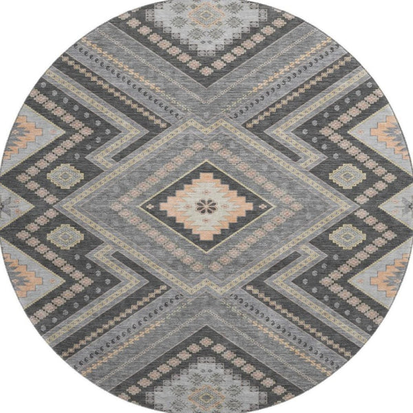 HomeRoots 8' Gray Peach and Silver Tribal Washable Round Rug – Durable, Stylish, UV-Protected for Your Home! 679285