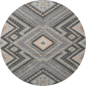 HomeRoots 8' Gray Peach and Silver Tribal Washable Round Rug – Durable, Stylish, UV-Protected for Your Home! 679285
