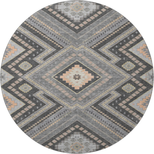 HomeRoots 8' Gray Peach and Silver Tribal Washable Round Rug – Durable, Stylish, UV-Protected for Your Home! 679285