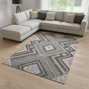 HomeRoots 8' X 10' Gray Peach & Silver Tribal Area Rug - Washable, UV Protected, Ideal for Busy Homes! 679286