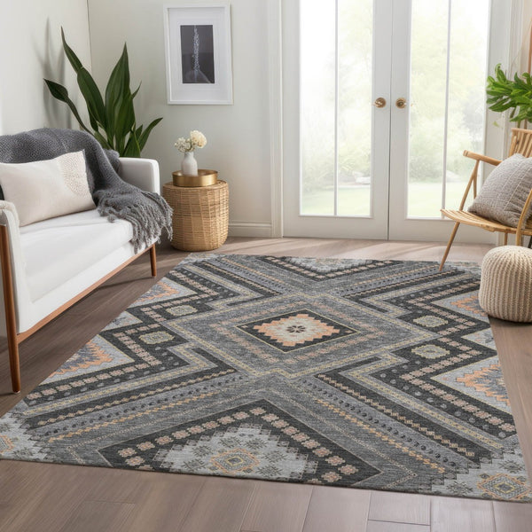 HomeRoots 8' X 10' Gray Peach & Silver Tribal Area Rug - Washable, UV Protected, Ideal for Busy Homes! 679286